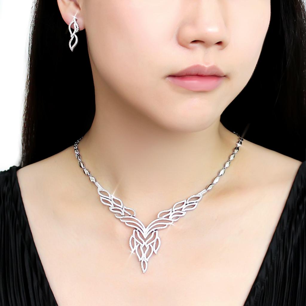 3W1418 - Rhodium Brass Jewelry Sets with AAA Grade CZ in Clear