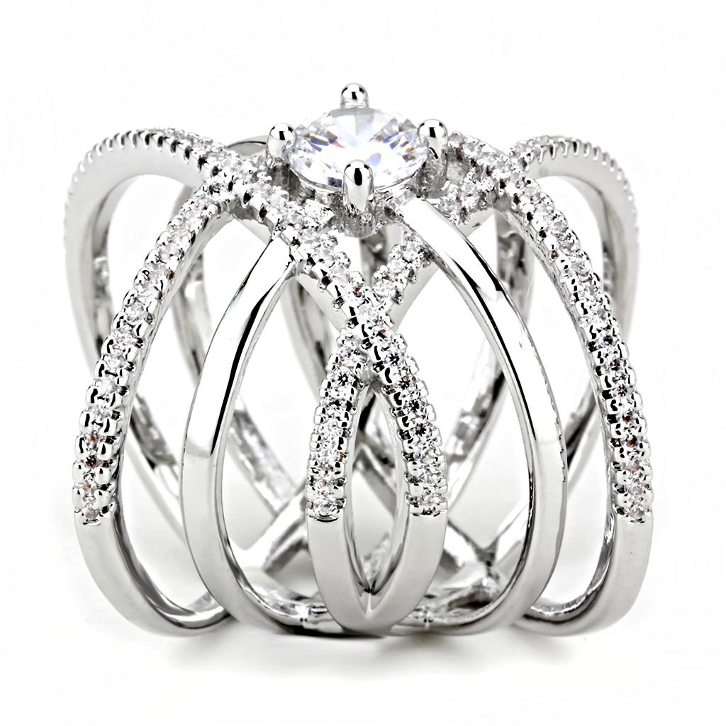 3W1528 - Rhodium Brass Ring with AAA Grade CZ  in Clear