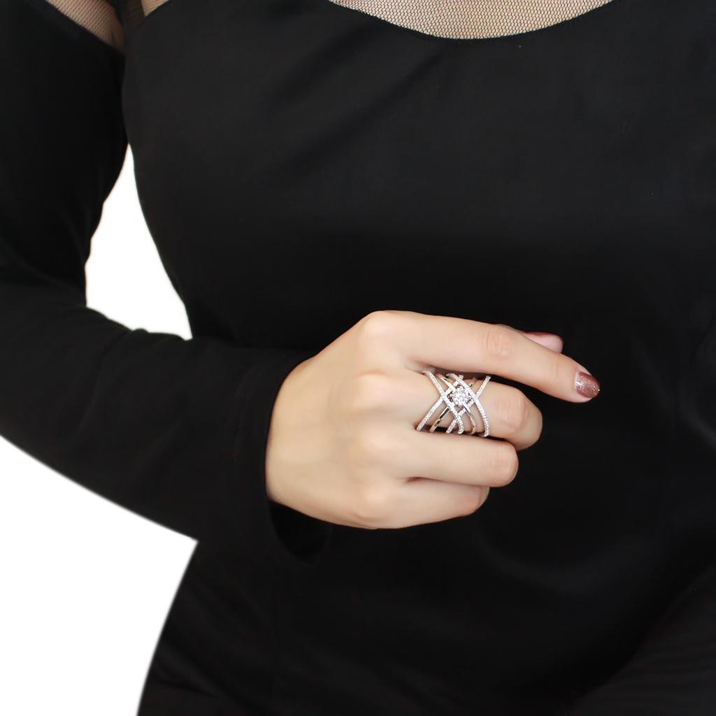 3W1528 - Rhodium Brass Ring with AAA Grade CZ  in Clear