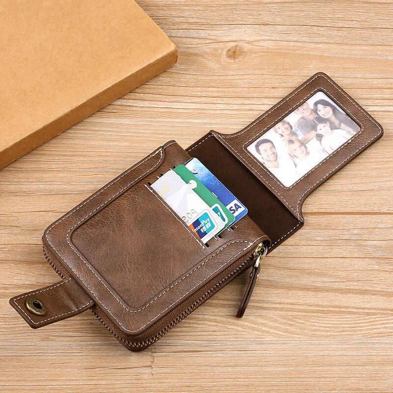 Classic Vintage Men's PU Leather Short Wallet with Zipper & Hasp Closure