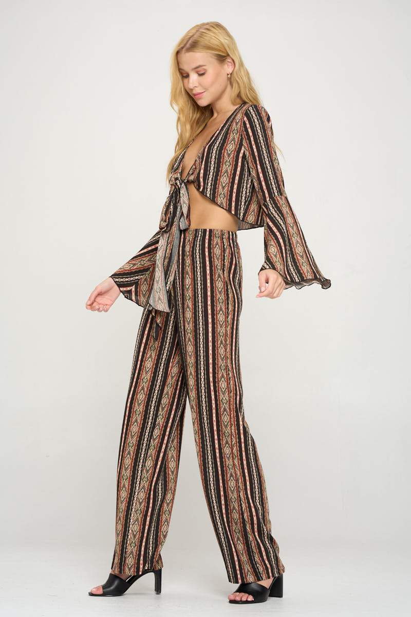 Cropped Boho Printed Bell Sleeved Cardigan And Palazzo Pant Set