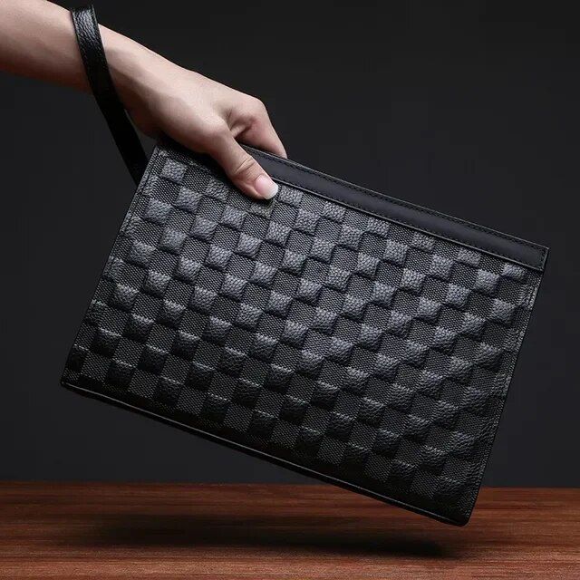 Men's Plaid Genuine Leather Clutch Bag