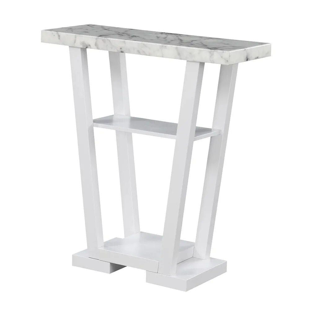 Modern White Faux Marble Console Table with Shelving