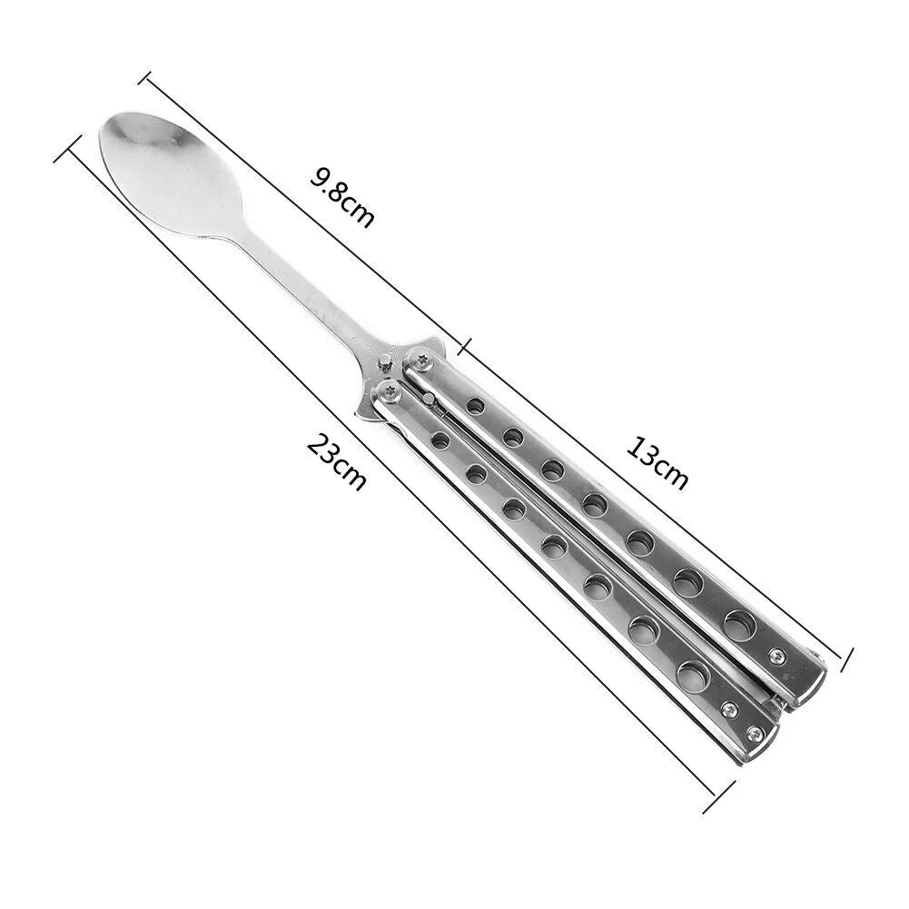 Stainless Steel Balisong Tableware: Folding Spoon & Fork Trainer