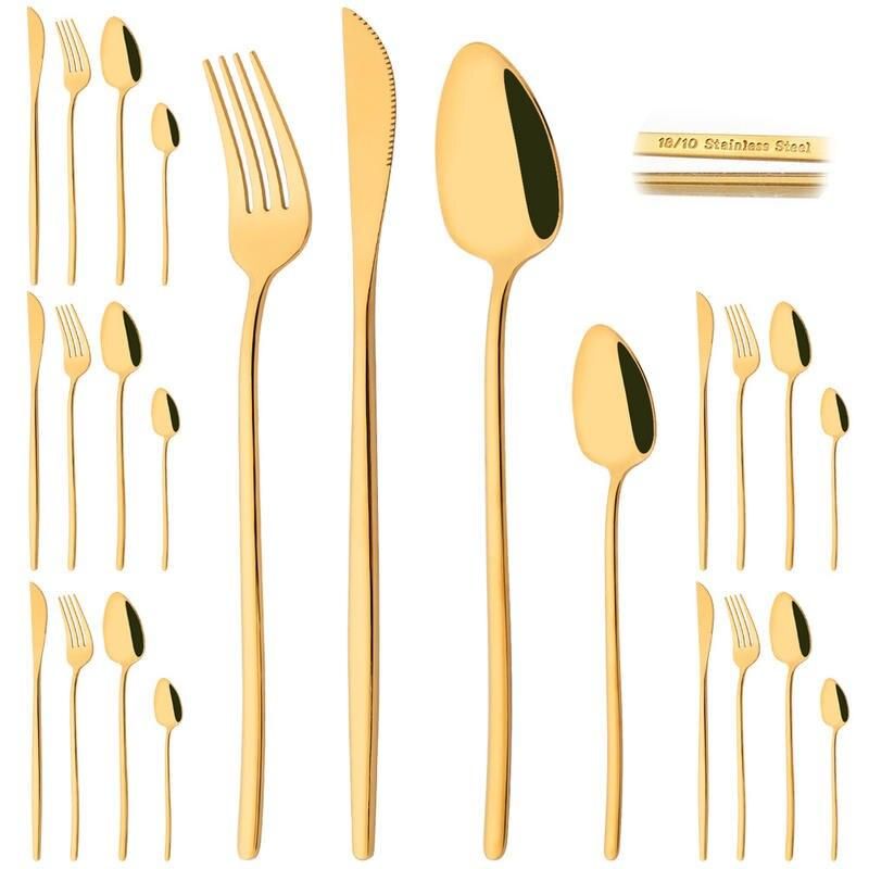 Luxurious 24-Piece Mirror Gold Dinnerware Set, 18/10 Stainless Steel Cutlery