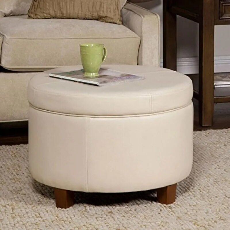 Elegant Ivory Leatherette Round Storage Ottoman