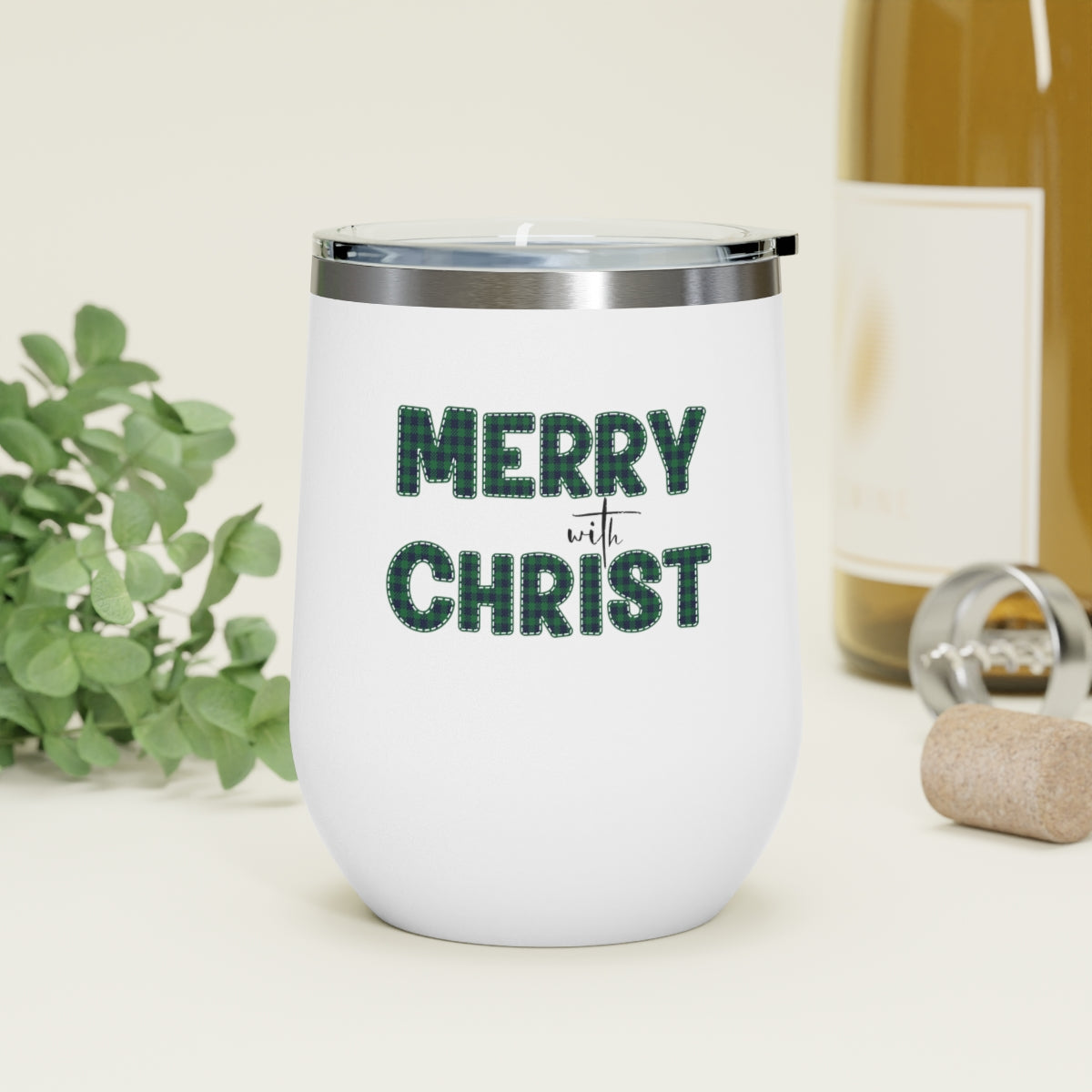 Insulated Tumbler - 12oz, Merry With Christ, Green Plaid Christmas