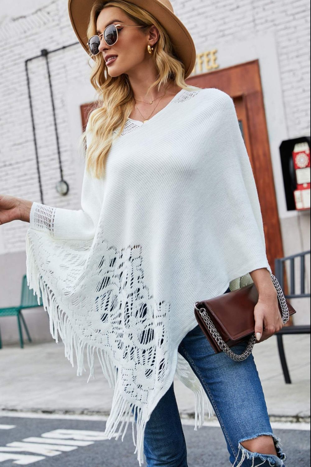 Openwork Fringe Hem V-Neck Poncho