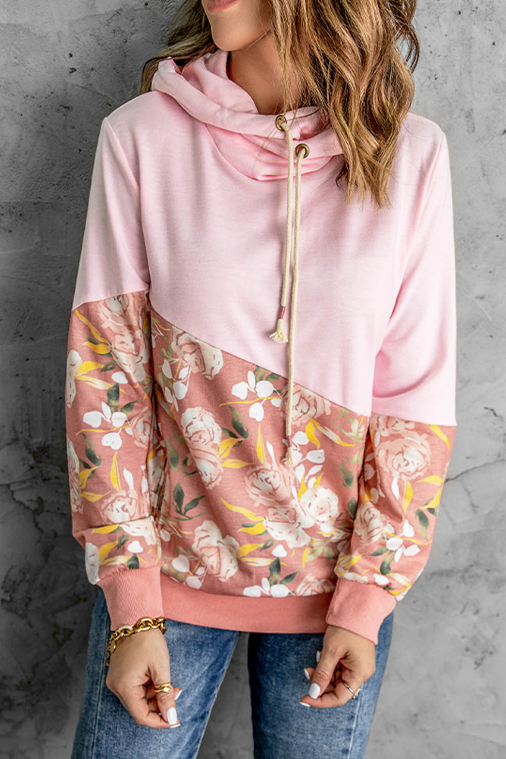 Floral Color Block Cowl Neck Hoodie