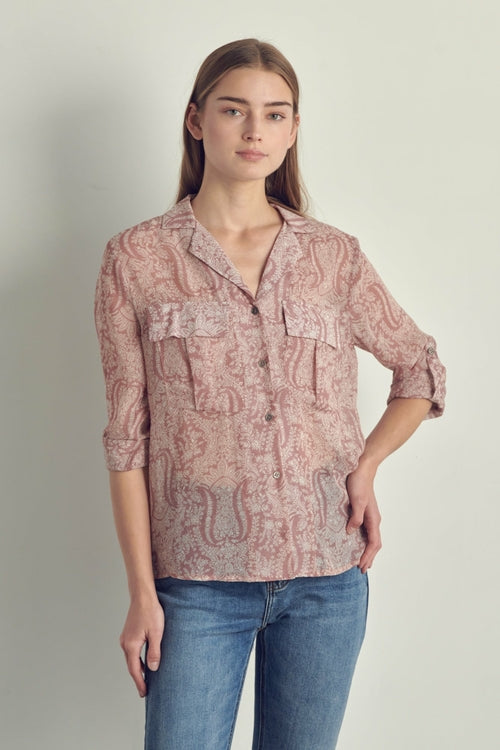 Draped front swirl print blouse