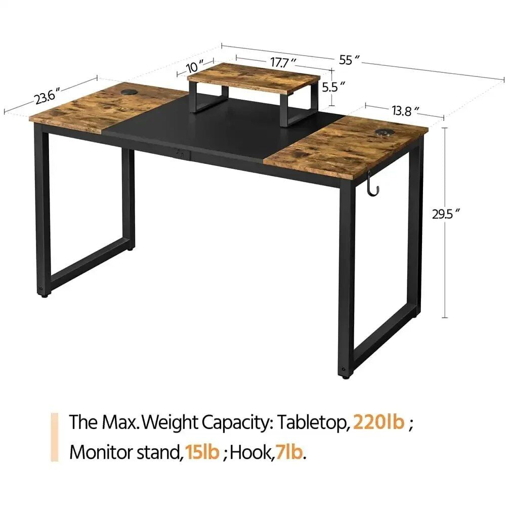 Industrial-Style Rustic Brown & Black Computer Desk with Monitor Stand