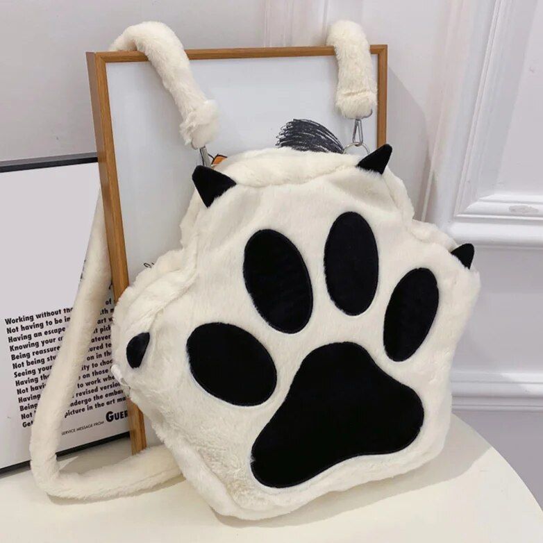 Cute Kawaii Cat Paw Plush Backpack - Soft Fluffy Casual Schoolbag for Girls