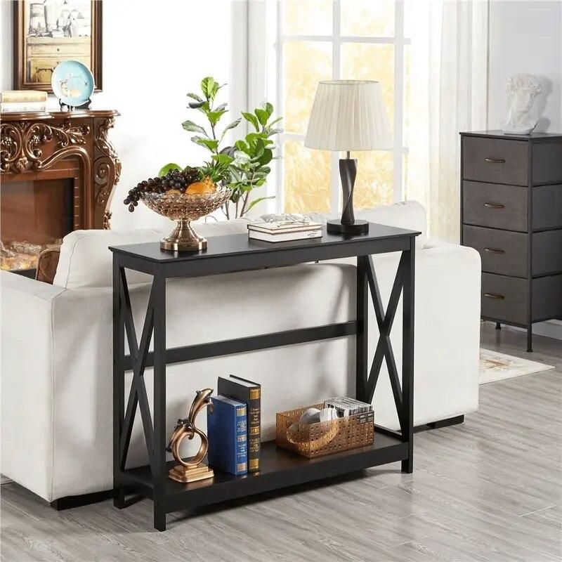 Elegant 2-Tier Black Wood Console Table with X Design and Storage Shelf