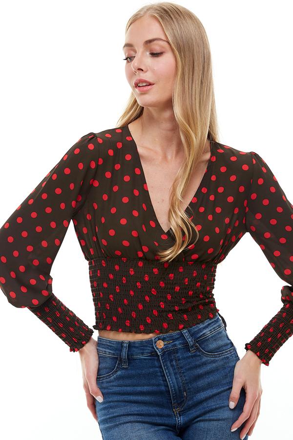 Polk A Dot Surplice Smock Waist & Smock Sleeve Detailed Blouse