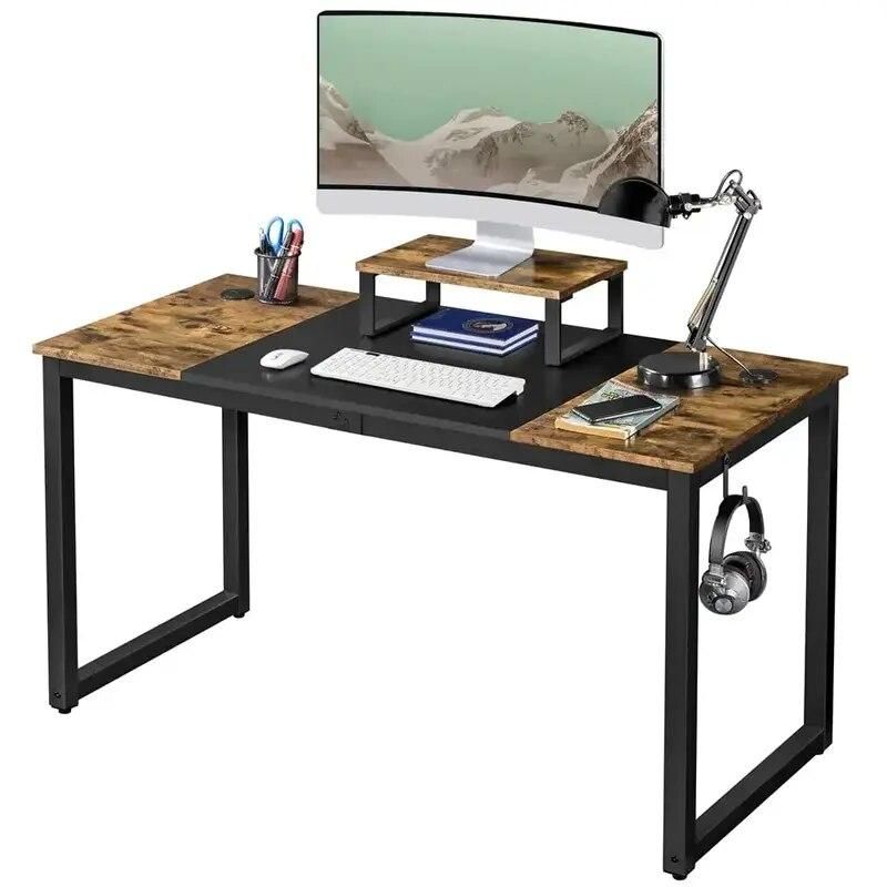 Industrial-Style Rustic Brown & Black Computer Desk with Monitor Stand