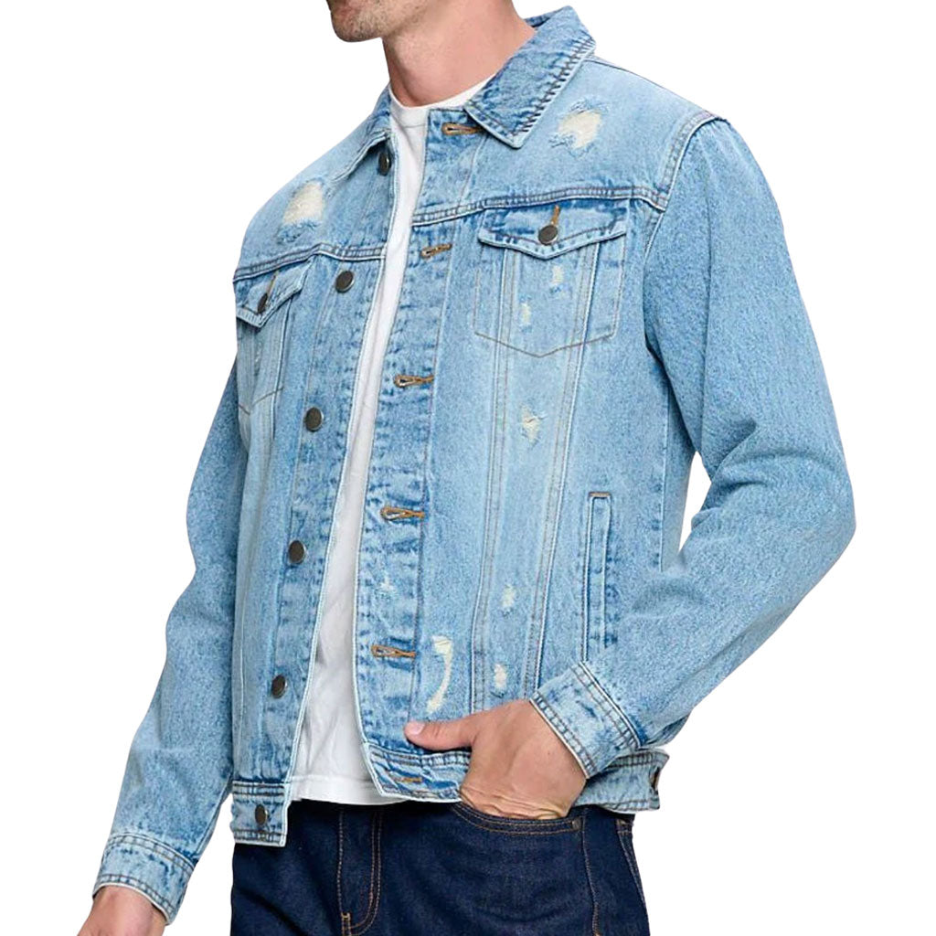 Fire Graphic Men's Distressed Denim Jacket - Cool Design Denim Jacket for Men - Illustration Denim Jacket