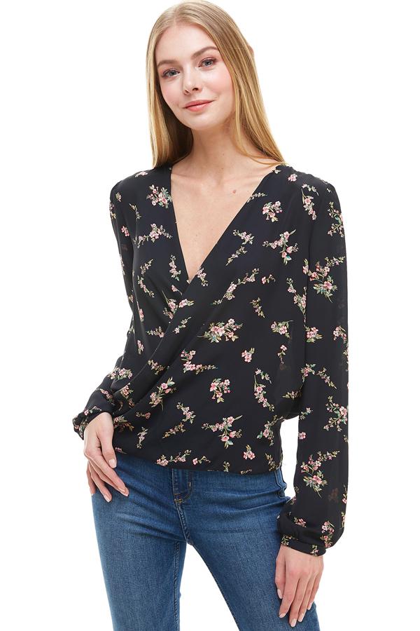 Long Sleeve Surplice Floral Top