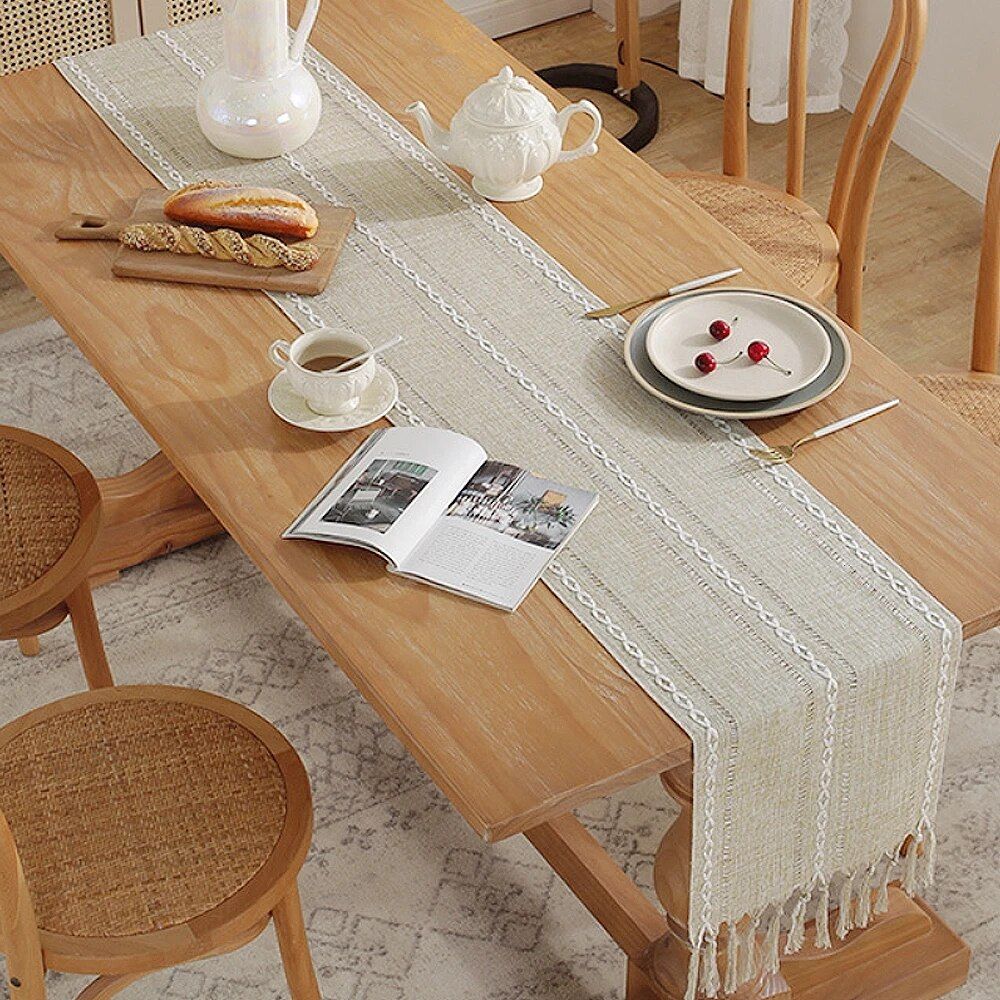 Bohemian Chic Woven Cotton Linen Table Runner with Handmade Tassels