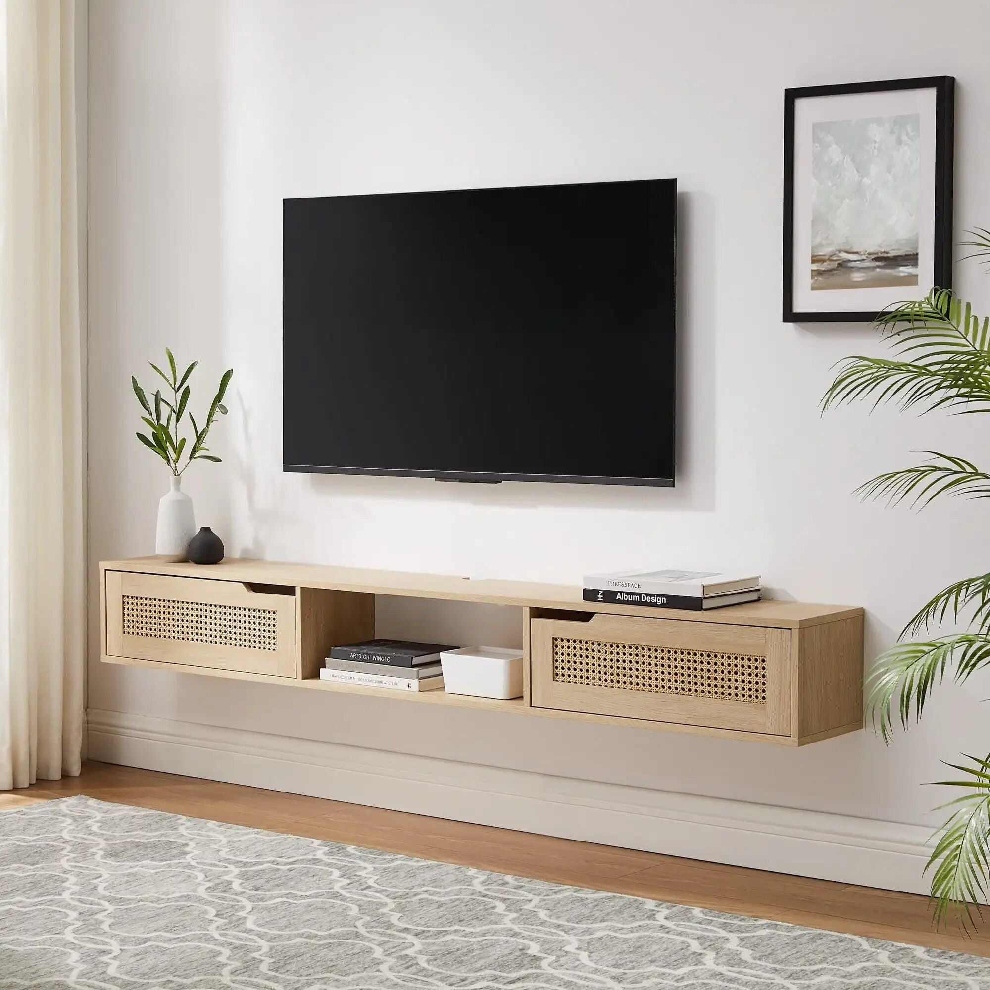 Chic Black Rattan-Door Floating TV Stand for Up to 80-inch TVs