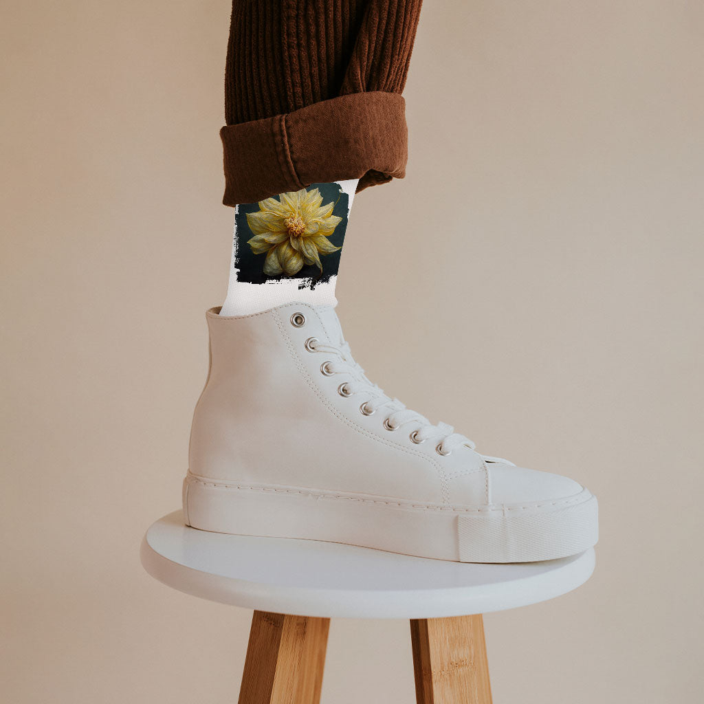 Dahlia Flower with Leaves Socks - Botanical Novelty Socks - Colorful Crew Socks