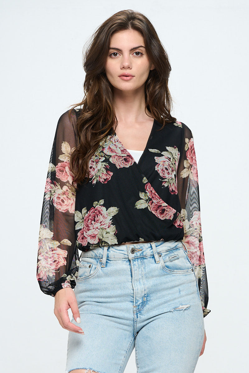 Floral mesh surplice blouse