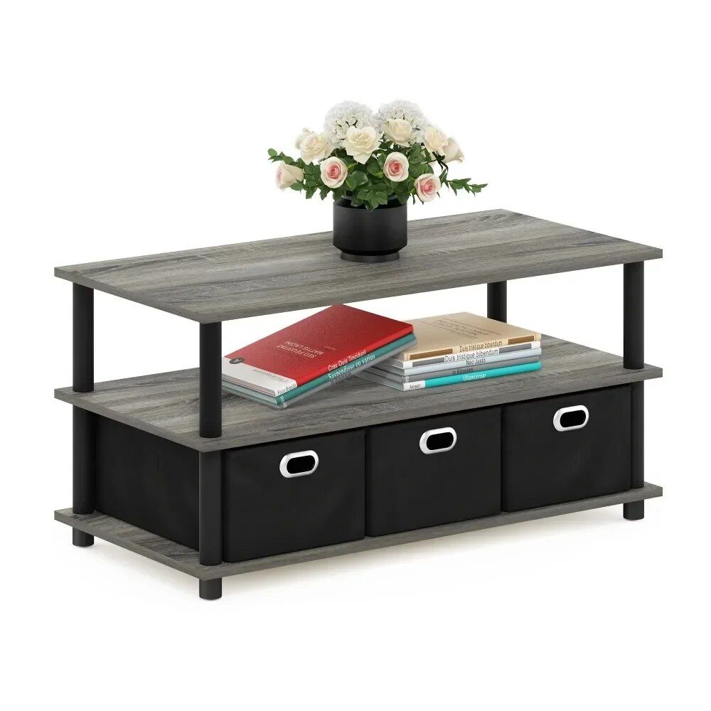 Modern Turn-N-Tube Coffee Table with Storage Bins, French Oak Grey/Black