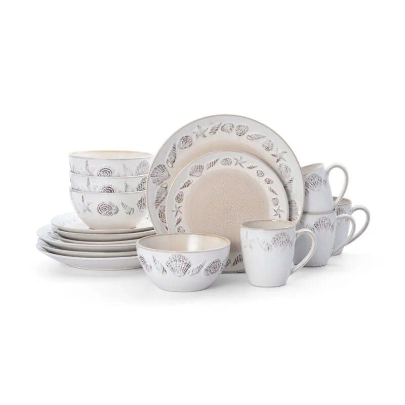 Coastal Charm Stoneware Dinnerware Set, 16-Piece, Seashore Embossed