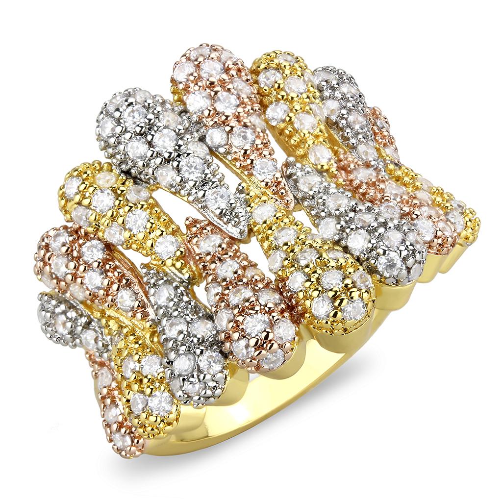 3W1462 - Tricolor Brass Ring with AAA Grade CZ  in Clear