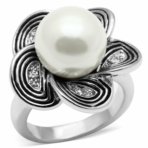 3W240 - Rhodium Brass Ring with Synthetic Pearl in White