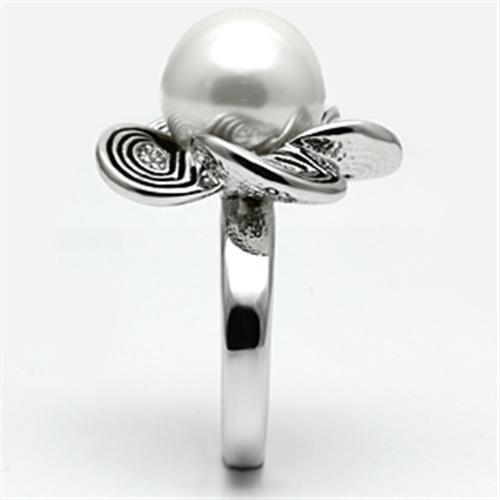 3W240 - Rhodium Brass Ring with Synthetic Pearl in White