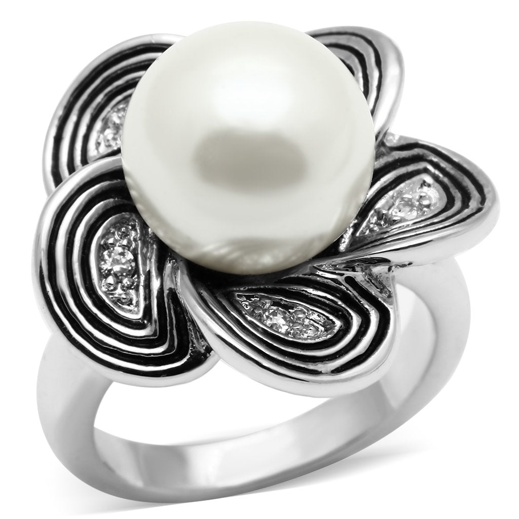 3W240 - Rhodium Brass Ring with Synthetic Pearl in White | Turquoise Tiger