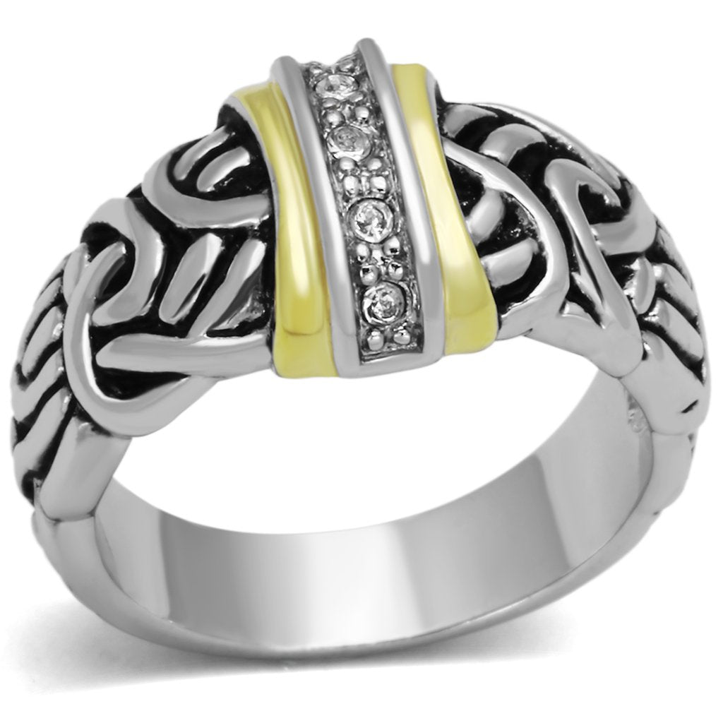 3W327 - Reverse Two-Tone Brass Ring with Top Grade Crystal in Clear | Turquoise Tiger