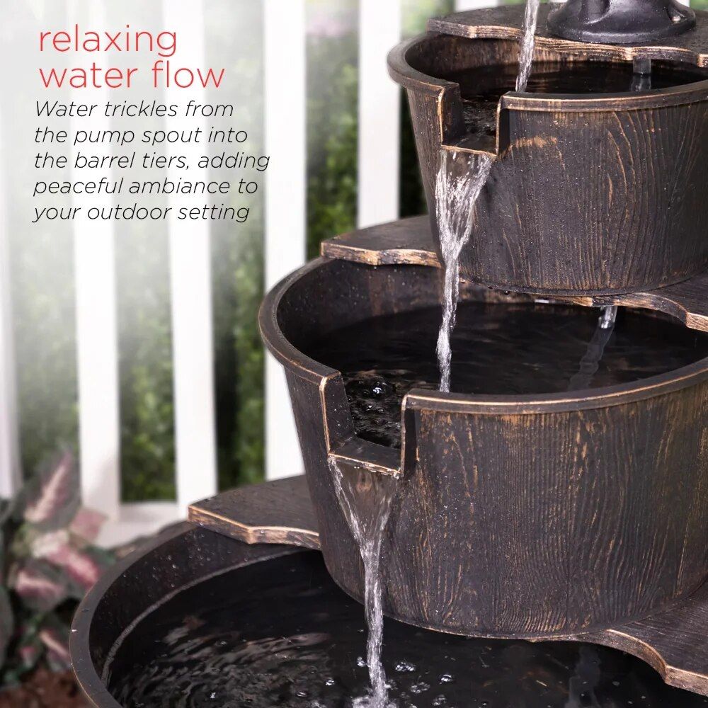 Rustic Charm 40" Three-Tier Barrel Water Fountain for Outdoor Decor