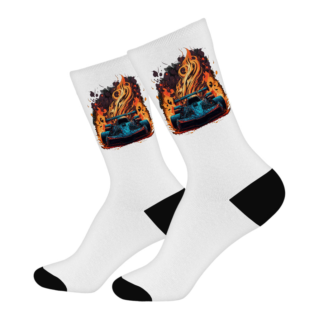 Race Car Socks - Fire Design Novelty Socks - Cool Crew Socks