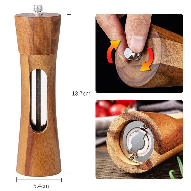 Elegant Wooden Salt and Pepper Grinder with Clear Acrylic Window