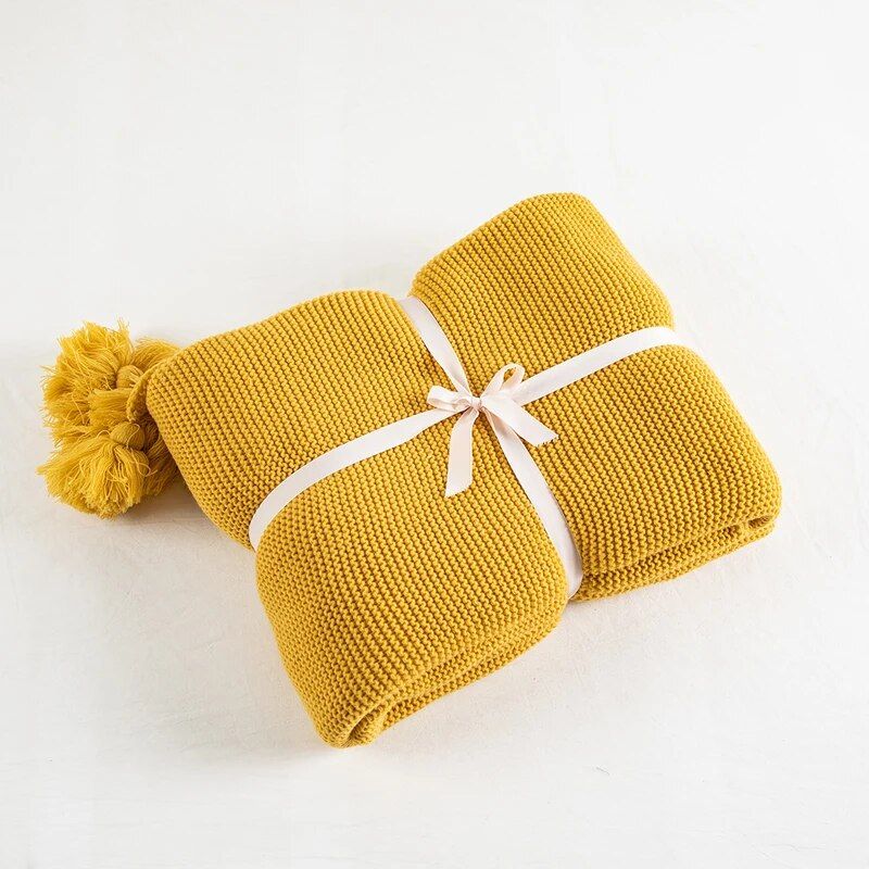 Mustard Yellow Luxury Knit Throw Blanket with PomPom Tassels