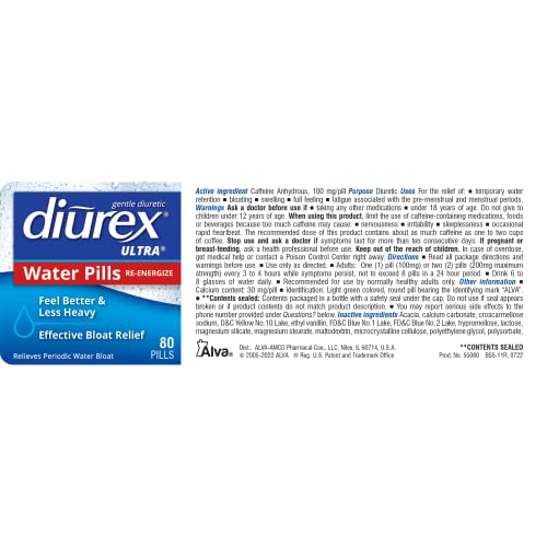 Diurex Ultra Re-Energizing Water Pills - Relieve Water Bloat - Feel Better Less Heavy, 2-80 Count Bottles