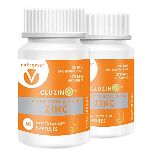 GluzinC Mental Sharpness Power Pack – 25MG Pharmaceutical Grade Zinc Plus 270MG Vitamin C – (2 Bottles, 120 Vegetarian Capsules)