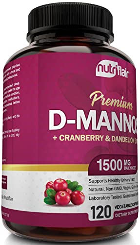 NutriFlair D-Mannose 1200mg, 120 Capsules - with Cranberry and Dandelion Extract - Natural Urinary Tract Health UTI Support - Best D Mannose Powder - Flush Impurities, Detox Body, for Women and Men