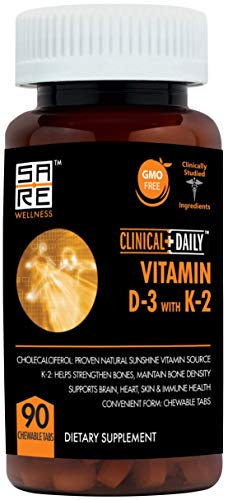 Clinical Daily Chewable Vitamin D3 K2. Vegan Vitamin D Immune Support Supplement for Women, Men and Kids. Vitamin K Supplements for Bone & Joint Support. 90 Vegetable Chewable Pills - 3 Month Supply