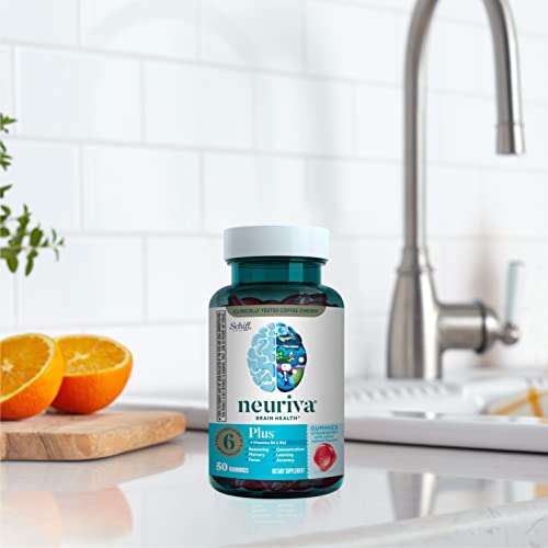 NEURIVA Plus Brain Supplement for Memory,Focus & Concentration+Cognitive Function with Vitamins B6 & B12 and Clinically Tested Nootropics Phosphatidylserine and Neurofactor,50ct Strawberry Gummies