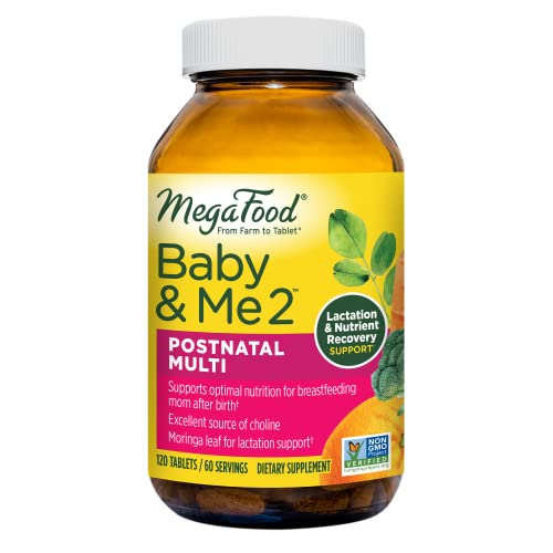 MegaFood Baby & Me 2 Postnatal Vitamins for Breastfeeding Moms with Folate (Folic Acid Natural Form), Choline, Iodine, Vitamin D, Moringa Leaf and More - 120 Tabs (60 Servings)