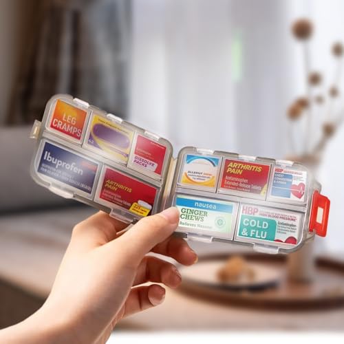 DIY Pocket Pharmacy with Medicine Labels Travel Daily Pill Container Mini Medication Organizer Storage Pill Organizer Travel Essentials Pill Case 7 Day Pill Organizer(Blue & 146 Lables)