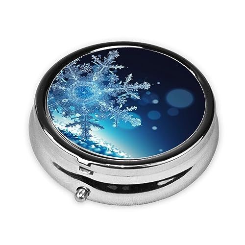 Blue Christmas Snowflake Print Round Pill Box 3 Compartment Medicine Pill Case Portable Pill Container for Daily Medicine Supplement Vitamin