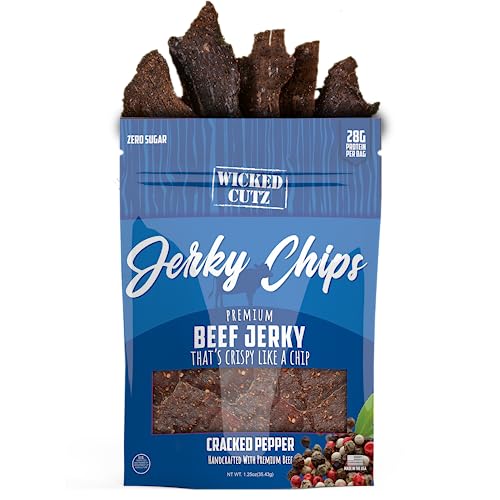 Cracked Pepper Beef Jerky Chips | Thin, Crispy, Crunchy Beef Jerky Crisps with 28G Protein Per Bag. Carnivore Diet Snacks, Gluten Free Snacks, Healthy Snacks for Adults, 1.25oz Each (2 Bags)