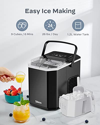 Silonn Ice Maker Countertop, Portable Ice Machine with Carry Handle, Self-Cleaning Ice Makers with Basket and Scoop, 9 Cubes in 6 Mins, 26 lbs per Day, Ideal for Home, Kitchen, Camping, RV