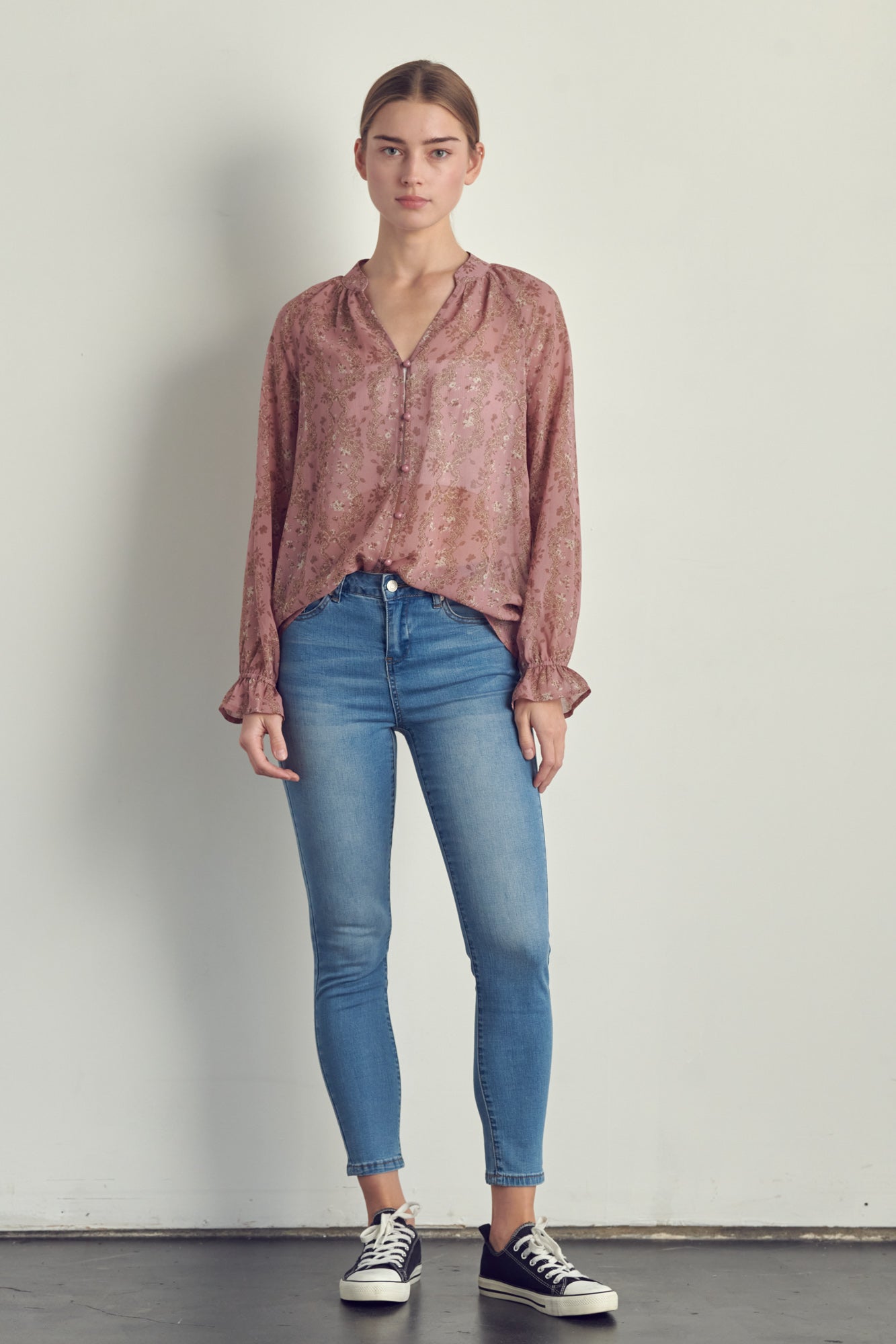 Mandarin collared long sleeve blouse