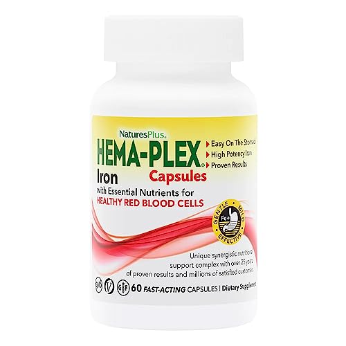 NaturesPlus Hema-Plex Iron - 60 Fast-Acting Vegetarian Capsules - 85 mg Chelated Iron - Total Blood Health - with Vitamin C & Bioflavonoids - Vegan, Gluten Free - 20 Servings