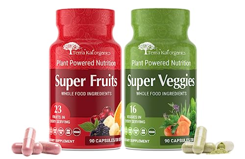 TERRA KAI ORGANICS Organic Super Fruit & Veggies Supplement Gluten/Gelatin Free, Non GMO, Soy Free & Vegan | Reds & Greens Superfood Capsules | 23 Fruits & 16 Vegetables (180 Count) (Fruit & Veggies)