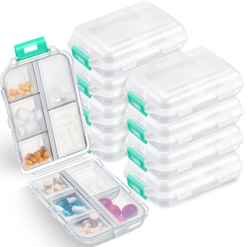 meekoo 8 Pcs Travel Pill Organizer Portable Pill Case Daily Pill Container Pocket Pharmacy Container Small Medicine Travel Container with 10 Compartments for Purse Fish Oil Medicine (Clear White)